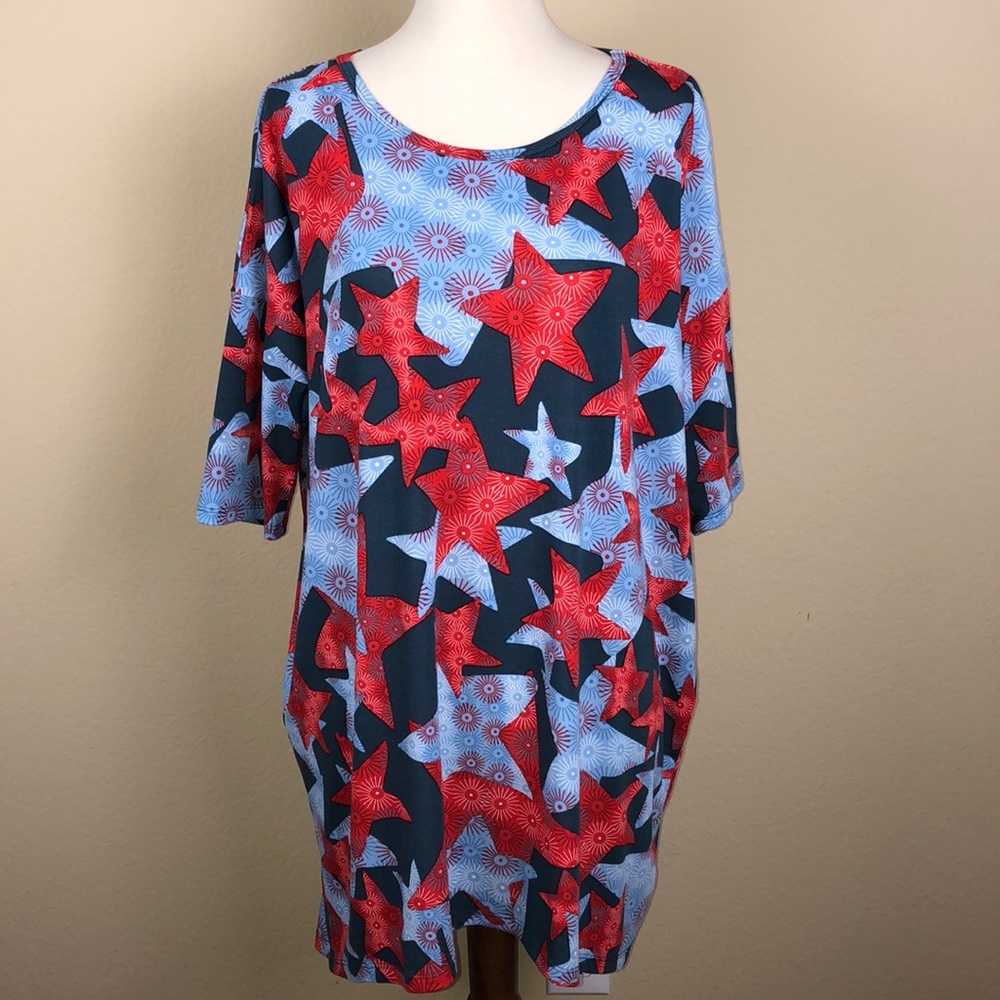 LuLaRoe Irma Red White and Blue Americana Star Print Tee - Size Medium